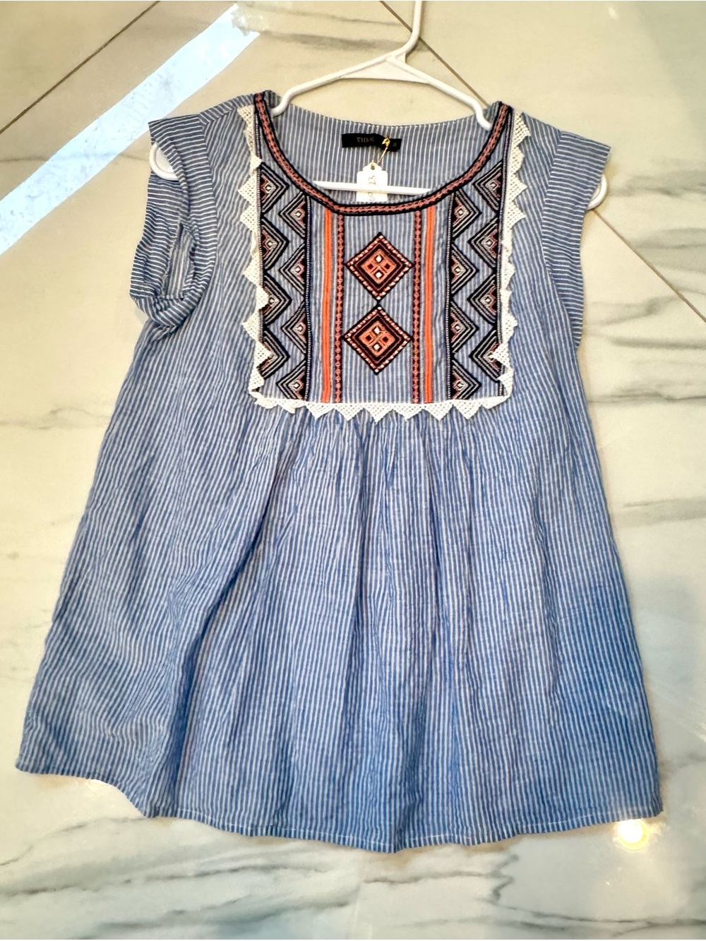 THML Blue Striped Embroidered Flutter Sleeve Blouse, Small